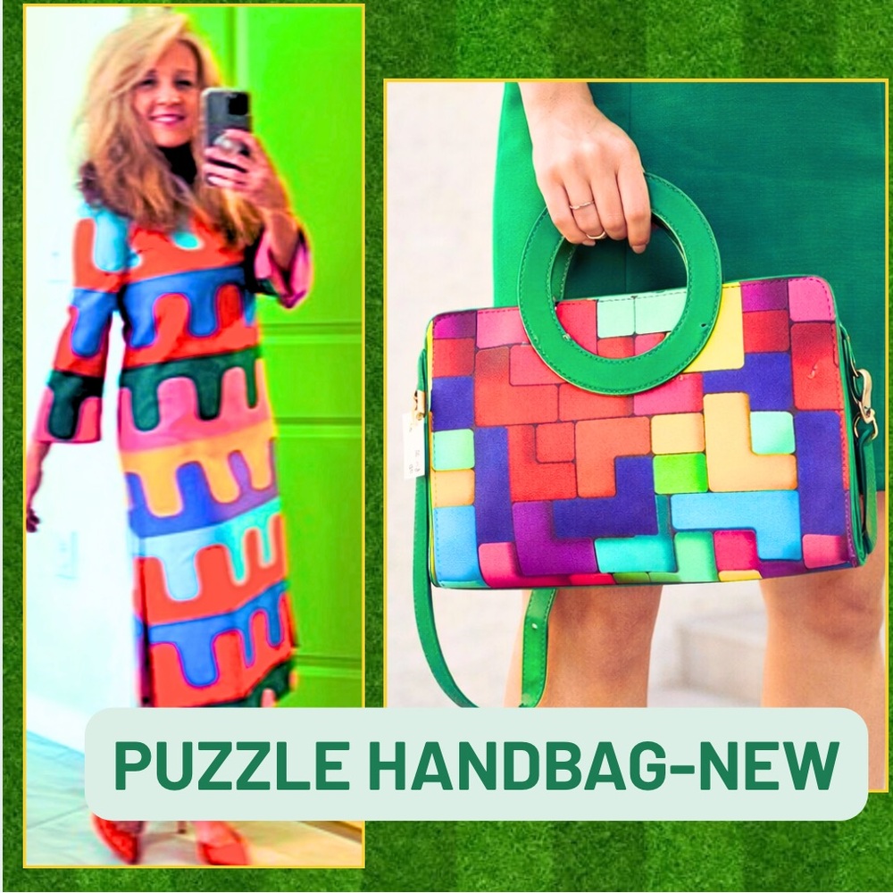 NWT Colorful Geometric Print Top Handle Circle Handle Detachable Strap Bag